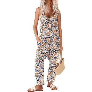 Ekouaer Womens Jumpsuit Sleeveless Casual Summer Overalls Jumpers Spaghetti Strap Baggy Long Pants Rompers with Pockets(Floral Blue Orange Begie)