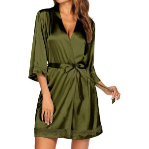 Ekouaer Women’s Lace-Trim Silk Robes Bride Bridesmaid Kimono Satin Bathrobe V Neck Sleepwear with 3/4 Sleeve(Army Green)