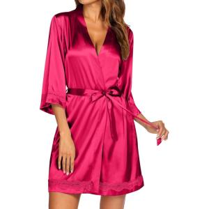 Ekouaer Women’s Lace-Trim Silk Robes Bride Bridesmaid Kimono Satin Bathrobe V Neck Sleepwear with 3/4 Sleeve(Cherry Red)
