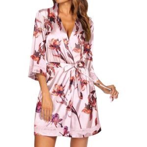 Ekouaer Women’s Lace-Trim Silk Robes Bride Bridesmaid Kimono Satin Bathrobe V Neck Sleepwear with 3/4 Sleeve(Floral Light Pink)