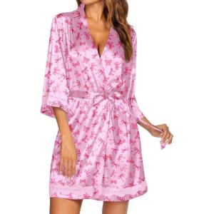 Ekouaer Women’s Lace-Trim Silk Robes Bride Bridesmaid Kimono Satin Bathrobe V Neck Sleepwear with 3/4 Sleeve(Pink Bowknot)