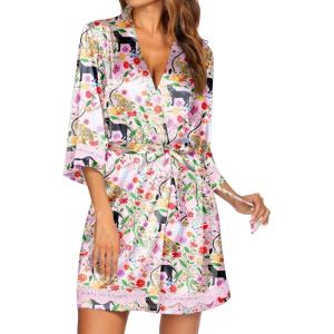 Ekouaer Women’s Lace-Trim Silk Robes Bride Bridesmaid Kimono Satin Bathrobe V Neck Sleepwear with 3/4 Sleeve(Pink Tiger)