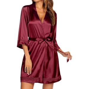Ekouaer Women’s Lace-Trim Silk Robes Bride Bridesmaid Kimono Satin Bathrobe V Neck Sleepwear with 3/4 Sleeve(Wine Red)