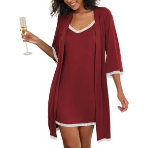 Ekouaer Women’s Nightgown and Robe Set 3/4 Sleeves Robes 2 Piece Bathrobe Set V-neck Lace Cami Sleepwear with Pockets S-2XL(Wine Red)