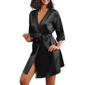 Ekouaer Women’s Satin Robes 3/4 Sleeve Silk Robes Short Kimono Sexy Bride Bathrobes Lace Trim Loungewear with Pockets(Black)