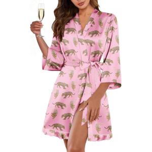 Ekouaer Women’s Satin Robes Silk Kimono Bath Robe Short Ruffled Hem Bride Bridesmaid Sleepwear with Pockets(Pink Cheetah)