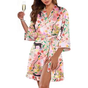 Ekouaer Women’s Satin Robes Silk Kimono Bath Robe Short Ruffled Hem Bride Bridesmaid Sleepwear with Pockets(Pink Tiger)