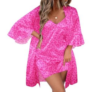 Ekouaer Women’s Silk Robe Set V-neck 2 Piece Bridal Party Robes and Satin Bathrobe Set with Pockets(Hot Pink Leopard)