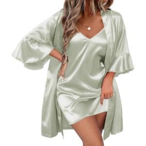 Ekouaer Women’s Silk Robe Set V-neck 2 Piece Bridal Party Robes and Satin Bathrobe Set with Pockets(Light Green)