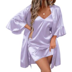 Ekouaer Women’s Silk Robe Set V-neck 2 Piece Bridal Party Robes and Satin Bathrobe Set with Pockets(Light Purple)