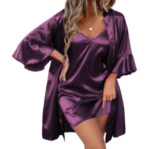 Ekouaer Women’s Silk Robe Set V-neck 2 Piece Bridal Party Robes and Satin Bathrobe Set with Pockets(Purple)