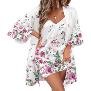 Ekouaer Women’s Silk Robe Set V-neck 2 Piece Bridal Party Robes and Satin Bathrobe Set with Pockets(White Floral)