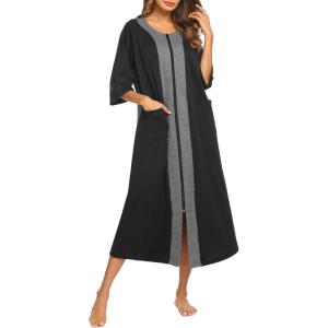 Ekouaer Women’s Zipper Robe 3/4 Sleeve Housecoats Full Length House Dress Loungewear Long Nightgown with Pockets(Black)