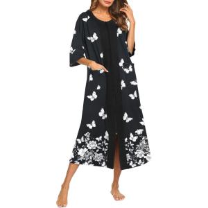 Ekouaer Women’s Zipper Robe 3/4 Sleeve Housecoats Full Length House Dress Loungewear Long Nightgown with Pockets(Black Butterfly)