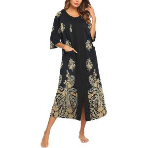 Ekouaer Women’s Zipper Robe 3/4 Sleeve Housecoats Full Length House Dress Loungewear Long Nightgown with Pockets(Black Cashew Flower)
