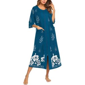Ekouaer Women’s Zipper Robe 3/4 Sleeve Housecoats Full Length House Dress Loungewear Long Nightgown with Pockets(Blue Flower)