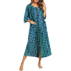 Ekouaer Women’s Zipper Robe 3/4 Sleeve Housecoats Full Length House Dress Loungewear Long Nightgown with Pockets(Green Leaf)