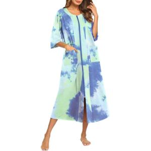 Ekouaer Women’s Zipper Robe 3/4 Sleeve Housecoats Full Length House Dress Loungewear Long Nightgown with Pockets(Green Tie Dye)