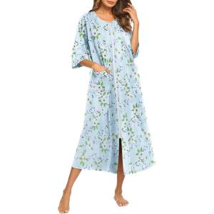 Ekouaer Women’s Zipper Robe 3/4 Sleeve Housecoats Full Length House Dress Loungewear Long Nightgown with Pockets(Light Blue Flower)