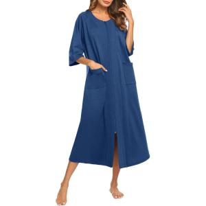 Ekouaer Women’s Zipper Robe 3/4 Sleeve Housecoats Full Length House Dress Loungewear Long Nightgown with Pockets(Navy)