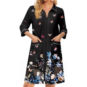 Ekouaer Zipper Robes for Women 3/4 Sleeve Housecoats Knee Length Bathrobe Lightweight Nightgown with Pockets S-3XL(Butterfly Flowers)