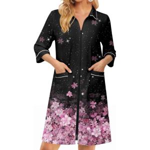 Ekouaer Zipper Robes for Women 3/4 Sleeve Housecoats Knee Length Bathrobe Lightweight Nightgown with Pockets S-3XL(Cherry Blossoms)