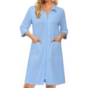 Ekouaer Zipper Robes for Women 3/4 Sleeve Housecoats Knee Length Bathrobe Lightweight Nightgown with Pockets S-3XL(Light Blue)
