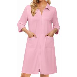 Ekouaer Zipper Robes for Women 3/4 Sleeve Housecoats Knee Length Bathrobe Lightweight Nightgown with Pockets S-3XL(Pink)