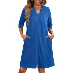 Ekouaer Zipper Robes for Women 3/4 Sleeve Waffle Knit Bathrobe Lightweight Short Housecoat with Pockets Soft Loungewear S-3XL(Blue)