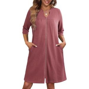 Ekouaer Zipper Robes for Women 3/4 Sleeve Waffle Knit Bathrobe Lightweight Short Housecoat with Pockets Soft Loungewear S-3XL(Caramel)
