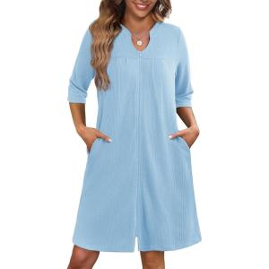 Ekouaer Zipper Robes for Women 3/4 Sleeve Waffle Knit Bathrobe Lightweight Short Housecoat with Pockets Soft Loungewear S-3XL(Clear Blue)