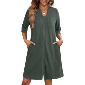 Ekouaer Zipper Robes for Women 3/4 Sleeve Waffle Knit Bathrobe Lightweight Short Housecoat with Pockets Soft Loungewear S-3XL(Dark Green)