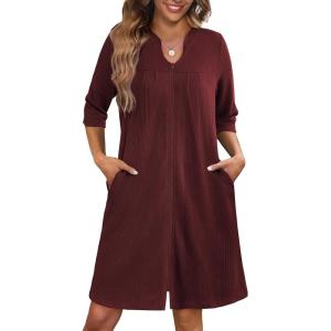 Ekouaer Zipper Robes for Women 3/4 Sleeve Waffle Knit Bathrobe Lightweight Short Housecoat with Pockets Soft Loungewear S-3XL(Dark Red)