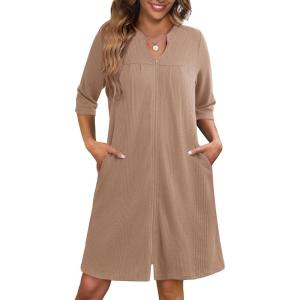 Ekouaer Zipper Robes for Women 3/4 Sleeve Waffle Knit Bathrobe Lightweight Short Housecoat with Pockets Soft Loungewear S-3XL(Khaki)