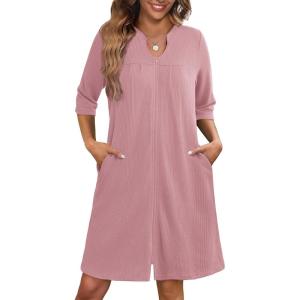 Ekouaer Zipper Robes for Women 3/4 Sleeve Waffle Knit Bathrobe Lightweight Short Housecoat with Pockets Soft Loungewear S-3XL(Mauve)