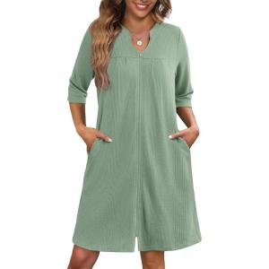 Ekouaer Zipper Robes for Women 3/4 Sleeve Waffle Knit Bathrobe Lightweight Short Housecoat with Pockets Soft Loungewear S-3XL(Mint Green)