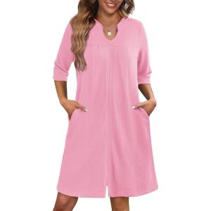 Ekouaer Zipper Robes for Women 3/4 Sleeve Waffle Knit Bathrobe Lightweight Short Housecoat with Pockets Soft Loungewear S-3XL(Pink)