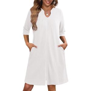 Ekouaer Zipper Robes for Women 3/4 Sleeve Waffle Knit Bathrobe Lightweight Short Housecoat with Pockets Soft Loungewear S-3XL(White)