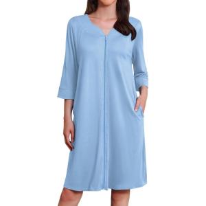 Ekouaer Zipper Robes for Women 3/4 Sleeves Housecoat Soft Nightgowns Sleepwear Mumu House Dresses with Pockets S-3XL(Sky Blue)