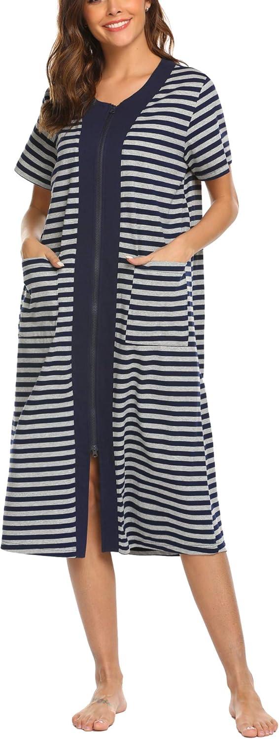 imageEkouaer Robes For Women Zipper Front Bathrobe Short Sleeve House Coat Long Nightgown With Pockets Soft LoungewearNavy Blue