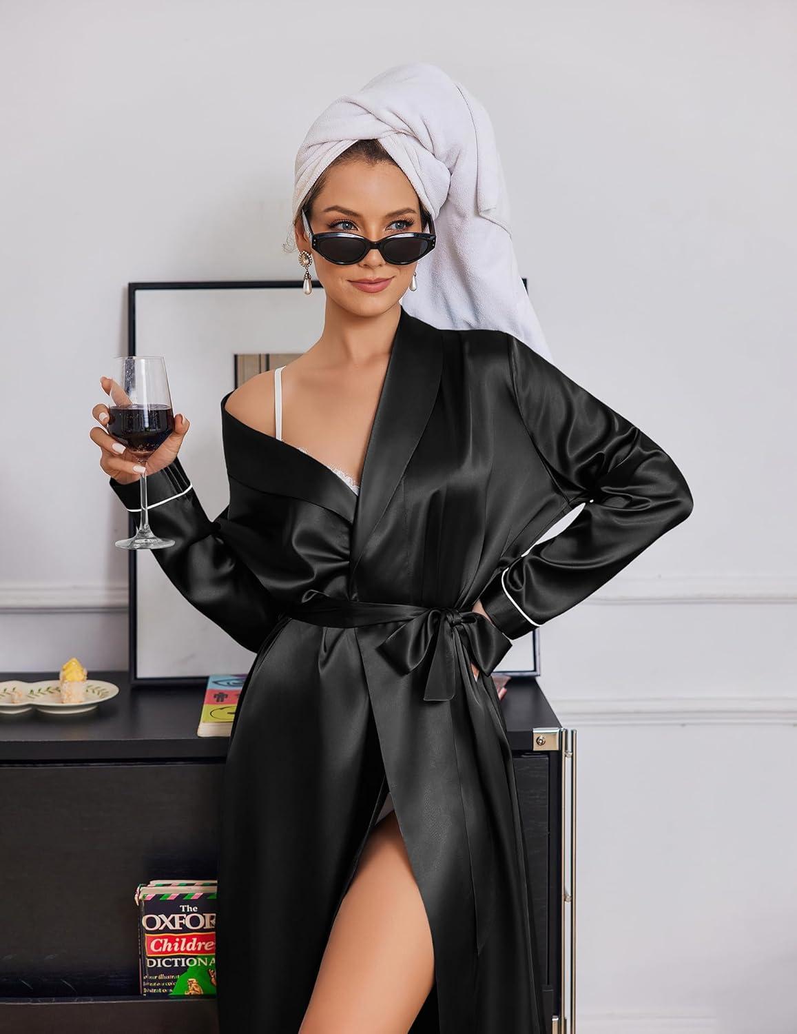 imageEkouaer Silk Robes for Women Shawl Collar Satin Bathrobe Long Bride Wedding Party Robe Lightweight Sexy Sleepwear SXXLBlack