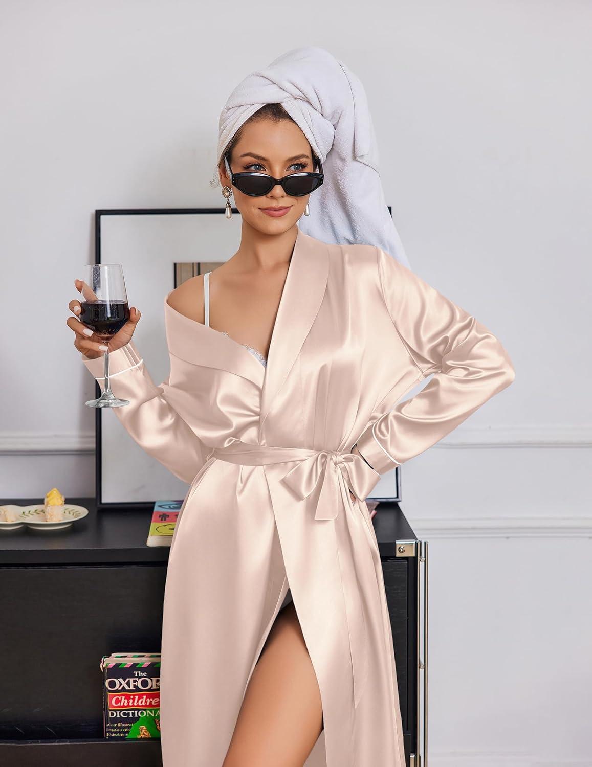 imageEkouaer Silk Robes for Women Shawl Collar Satin Bathrobe Long Bride Wedding Party Robe Lightweight Sexy Sleepwear SXXLChampagne