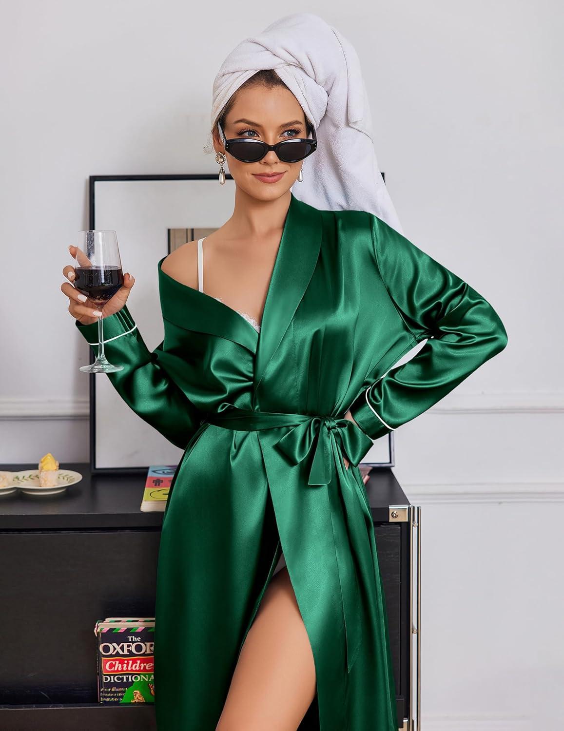 imageEkouaer Silk Robes for Women Shawl Collar Satin Bathrobe Long Bride Wedding Party Robe Lightweight Sexy Sleepwear SXXLGreen