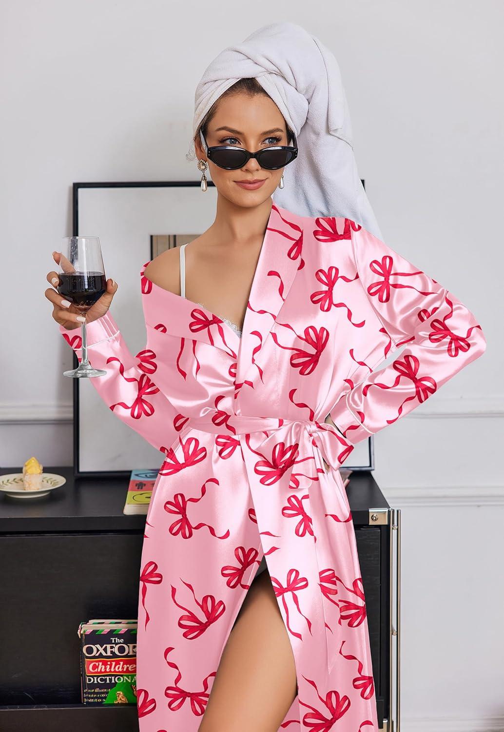 imageEkouaer Silk Robes for Women Shawl Collar Satin Bathrobe Long Bride Wedding Party Robe Lightweight Sexy Sleepwear SXXLPink Bow Tie