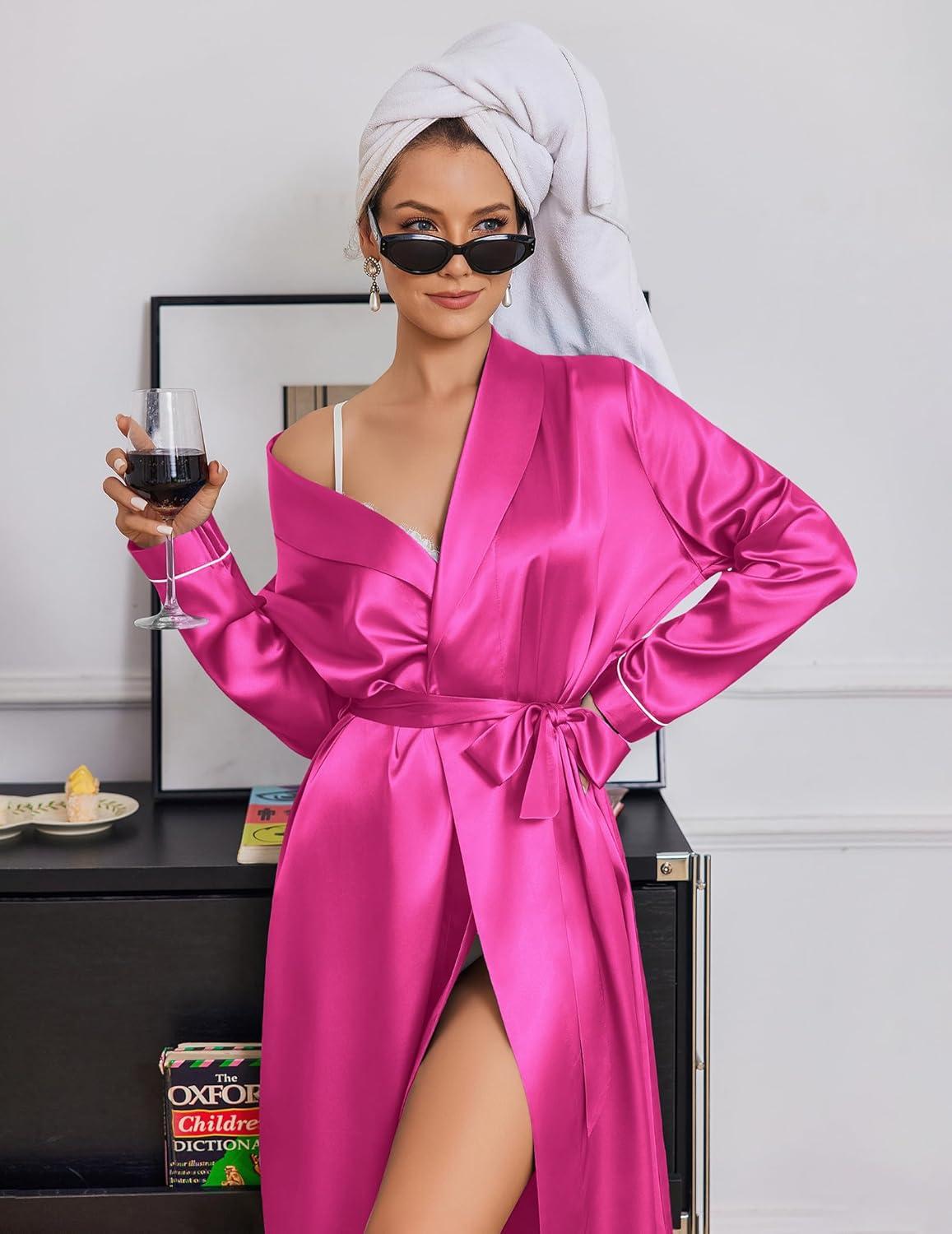 imageEkouaer Silk Robes for Women Shawl Collar Satin Bathrobe Long Bride Wedding Party Robe Lightweight Sexy Sleepwear SXXLRose
