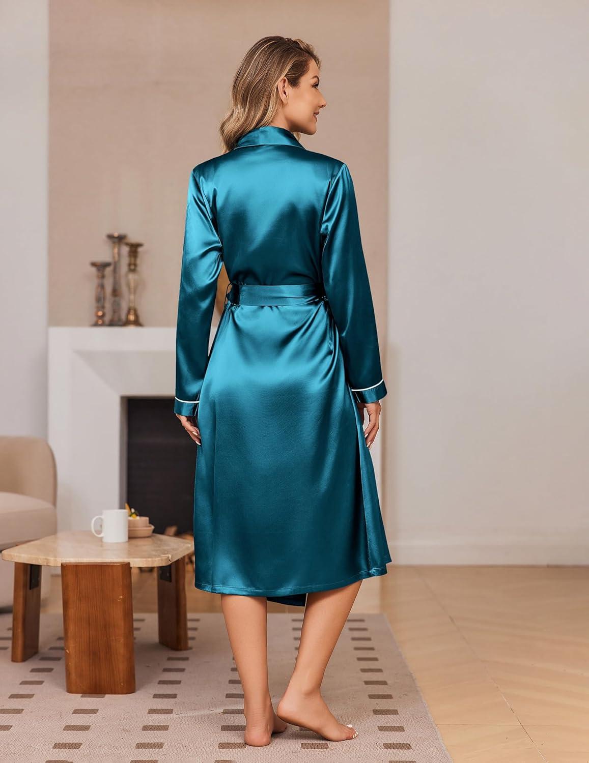 imageEkouaer Silk Robes for Women Shawl Collar Satin Bathrobe Long Bride Wedding Party Robe Lightweight Sexy Sleepwear SXXLTeal