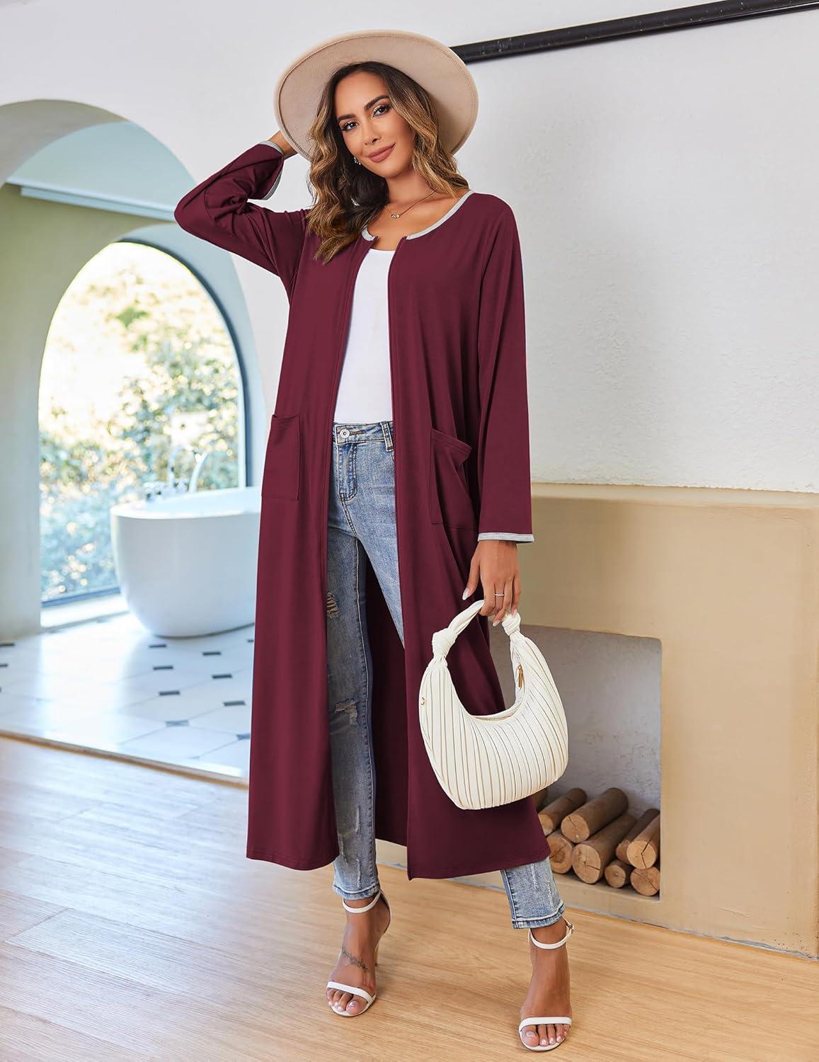 imageEkouaer Women Long House Coat Zipper Front Robes Full Length Nightgowns with Pockets Striped LoungewearWine RedXLarge