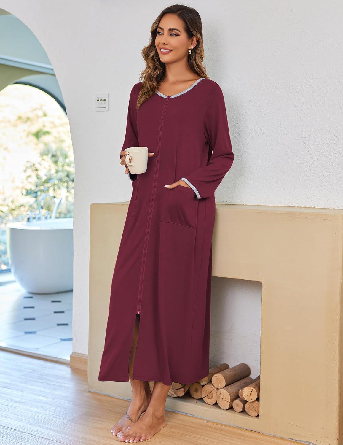 imageEkouaer Women Long House Coat Zipper Front Robes Full Length Nightgowns with Pockets Striped LoungewearWine RedXLarge