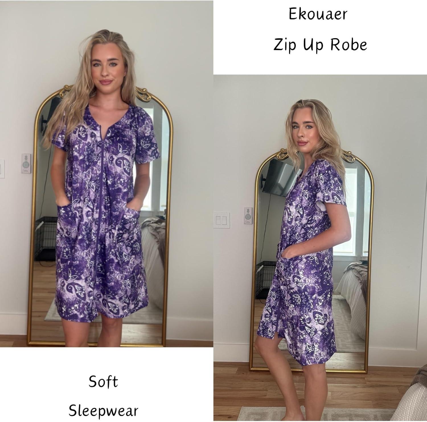 imageEkouaer Women Robe Zipper Front Mumu Duster Robes Zip Up Housecoat Soft Sleepwear with PocketsA Floral Purple