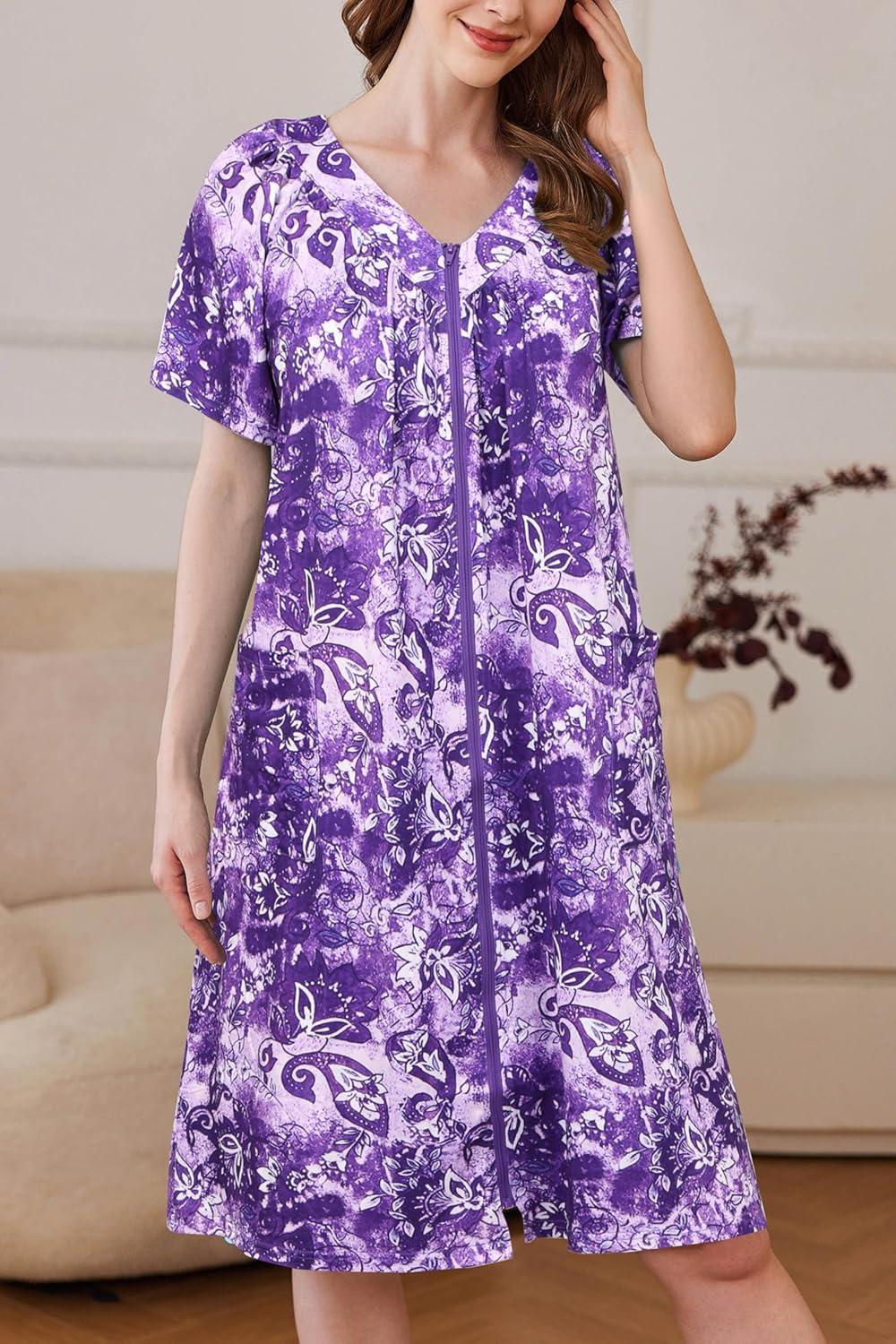 imageEkouaer Women Robe Zipper Front Mumu Duster Robes Zip Up Housecoat Soft Sleepwear with PocketsA Floral Purple